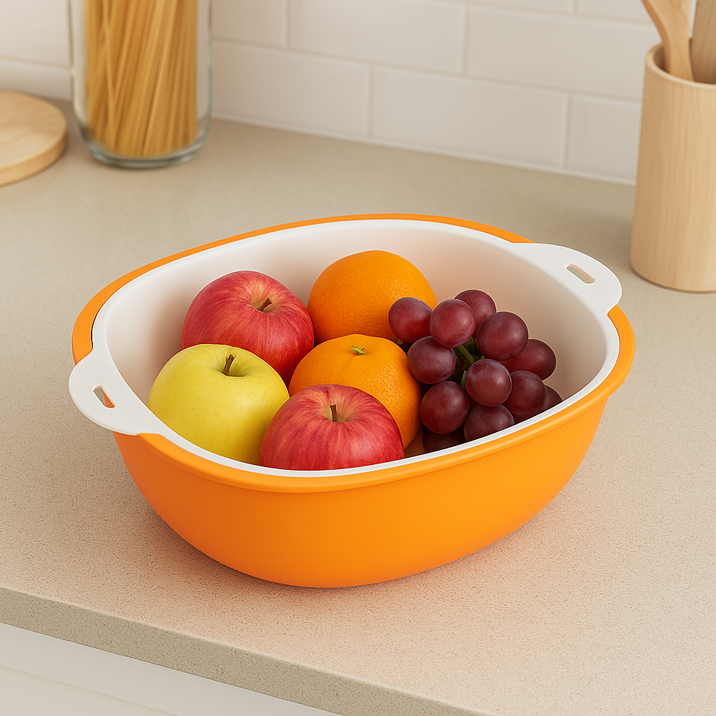 Marcolo orange and white plastic fruit bowl filled with apples, oranges, and grapes.