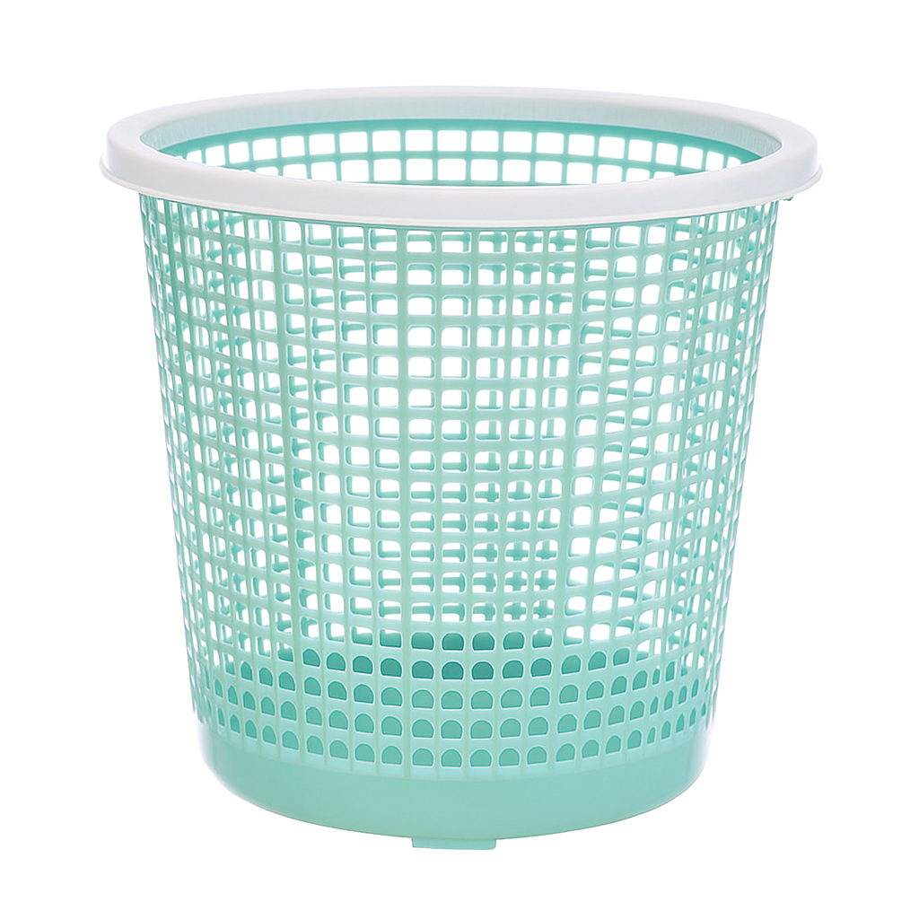 Marcolo mint green plastic mesh wastebasket with white rim.