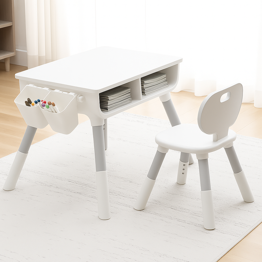 Marcolo white kids' table and chair set with storage.