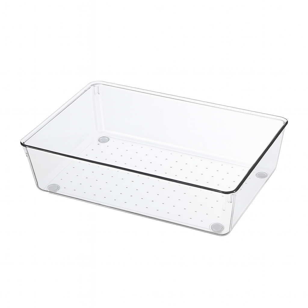 Marcolo clear perforated storage bin with rubber feet.