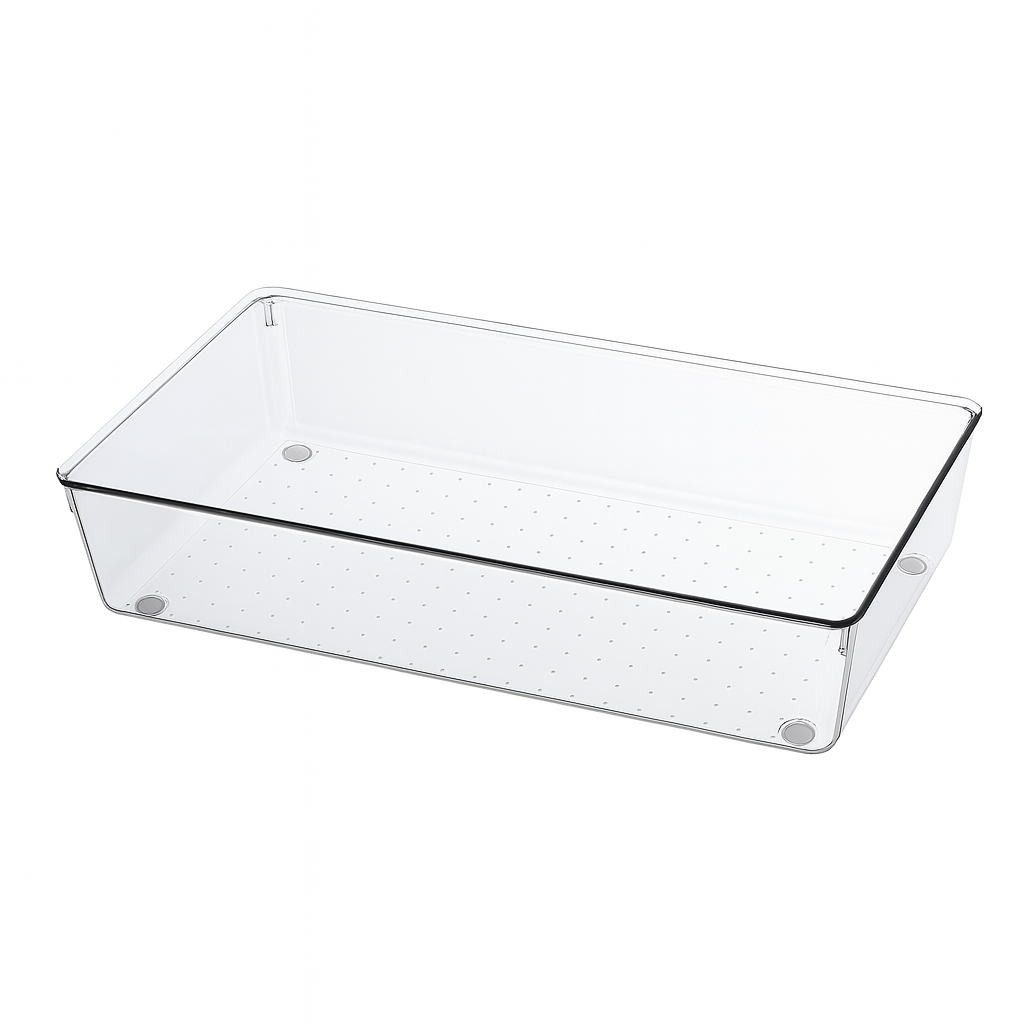 Marcolo clear rectangular perforated plastic storage bin.