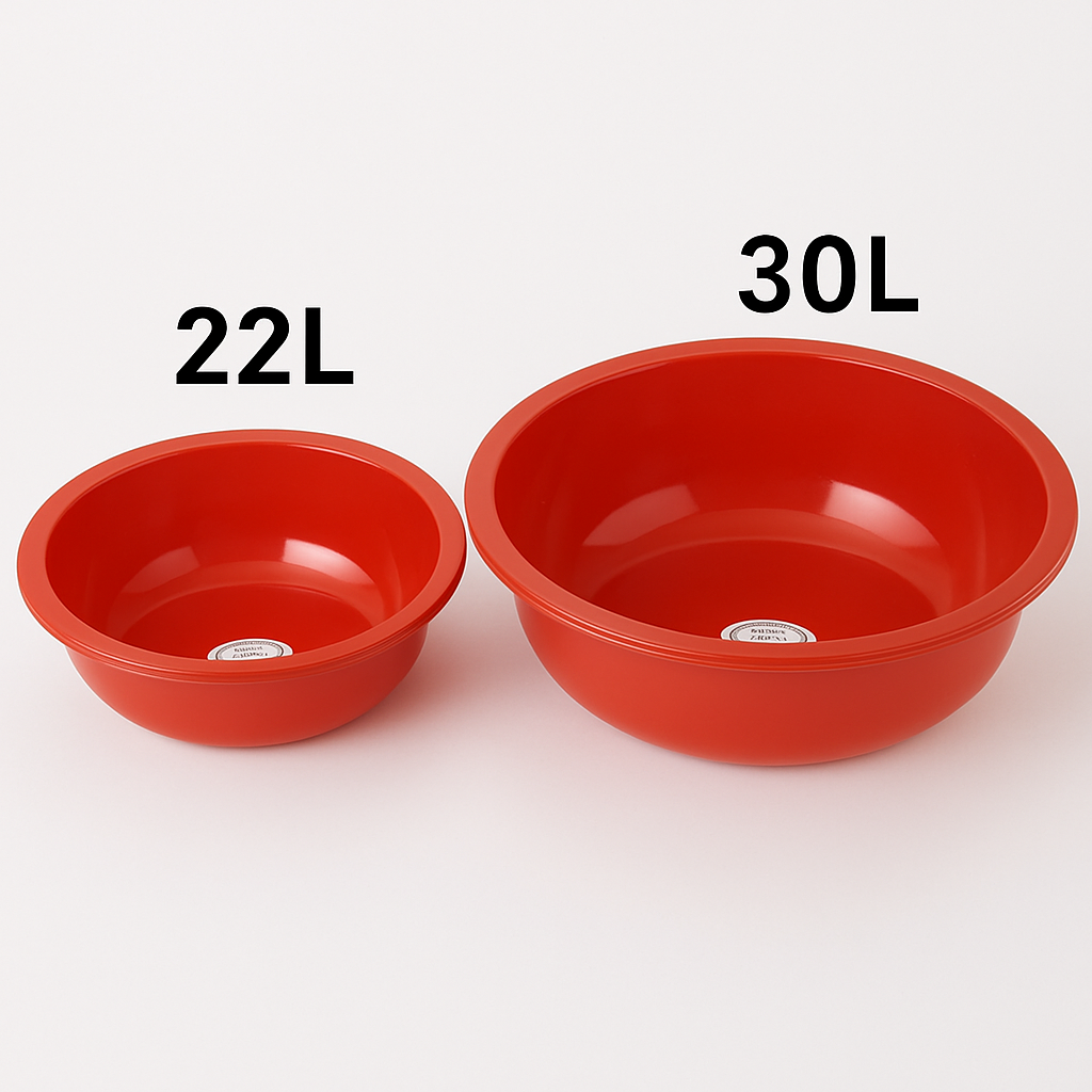 Marcolo two red plastic wash bowls, 22L and 30L size.
