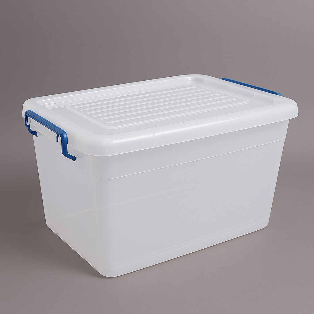White plastic storage box with ridged lid and blue latches.