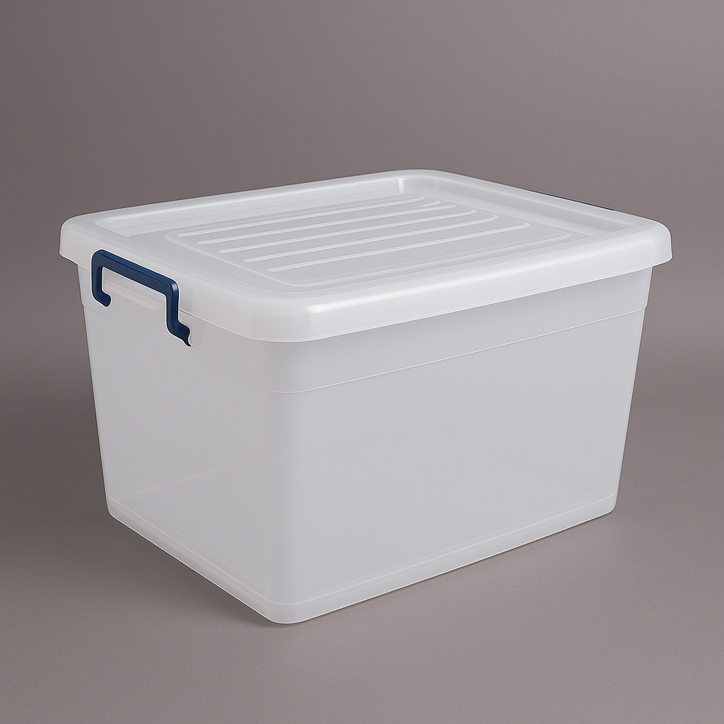 Marcolo semi-transparent storage bin with white lid and handles.