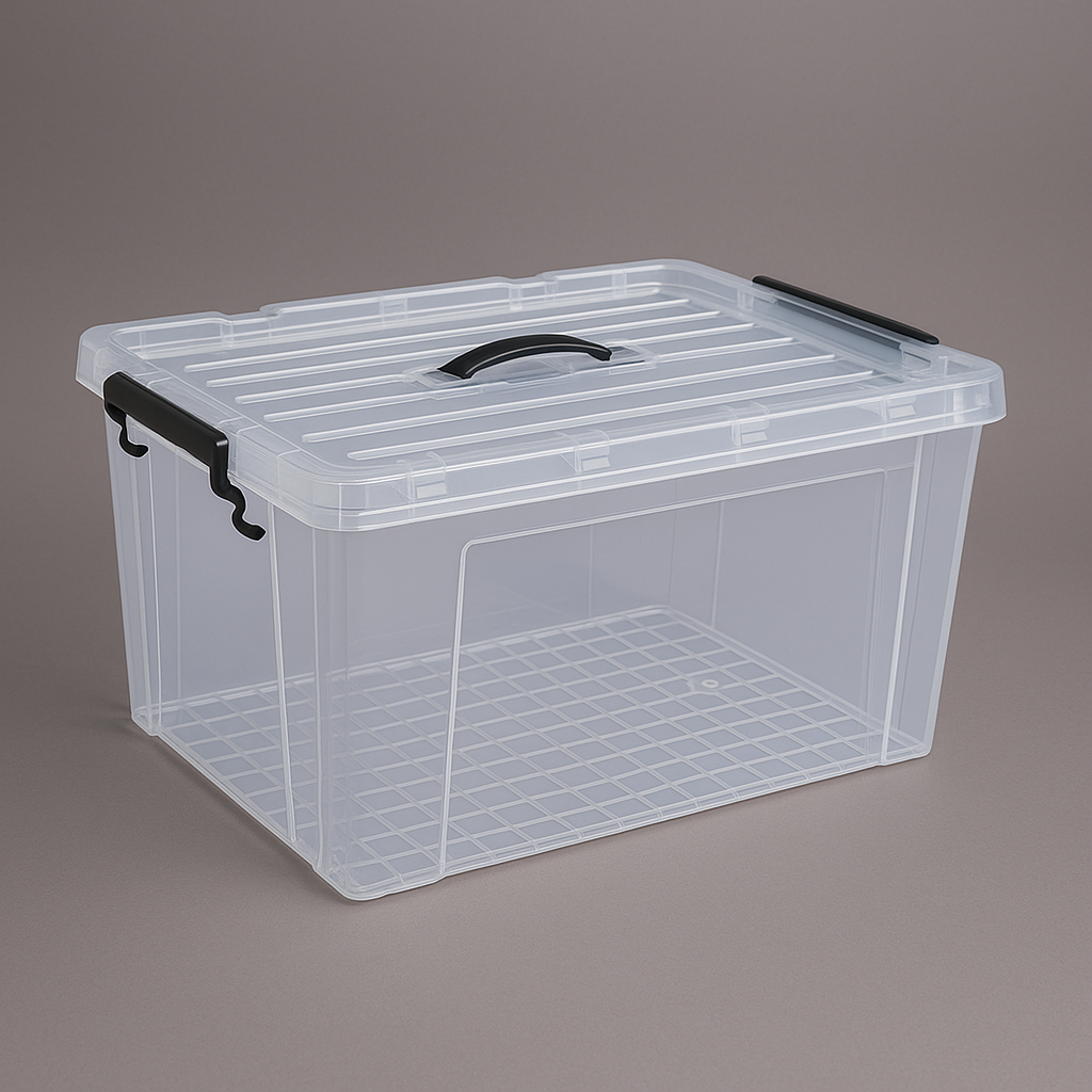 Marcolo clear plastic storage box with black lid.