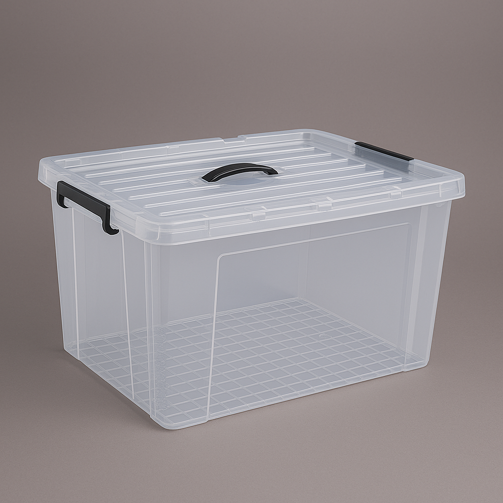 A clear plastic Marcolo storage box with black handles and a lid.