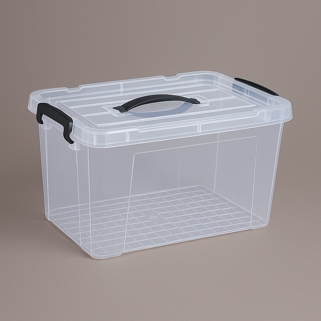 Marcolo clear plastic storage box with black handle and latches.