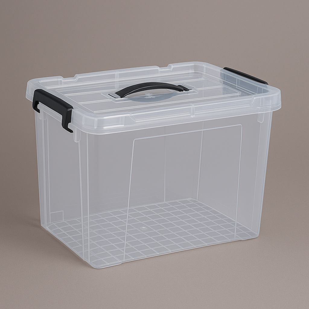 Marcolo clear storage box with black handle and latches.