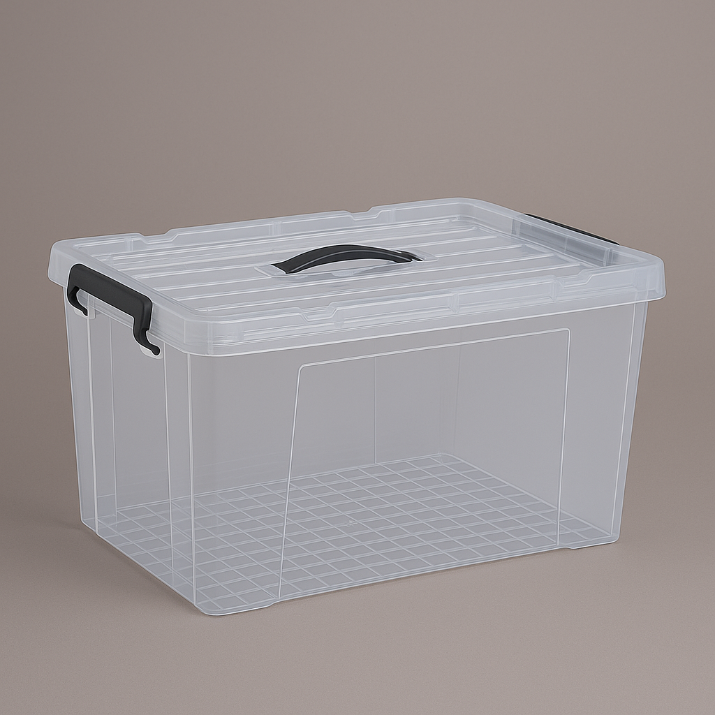 Marcolo large clear plastic storage box with black latches.