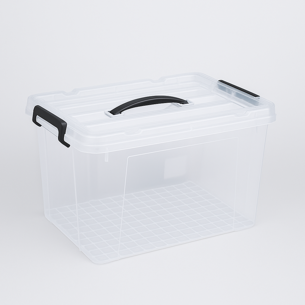 Clear plastic Marcolo storage box with lid and handle.