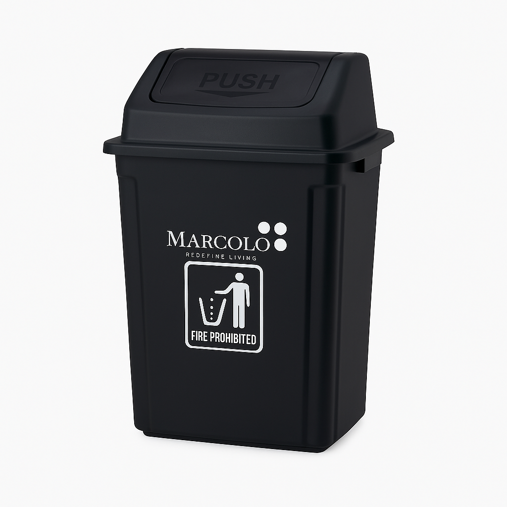Marcolo black plastic trash can with PUSH swing lid.