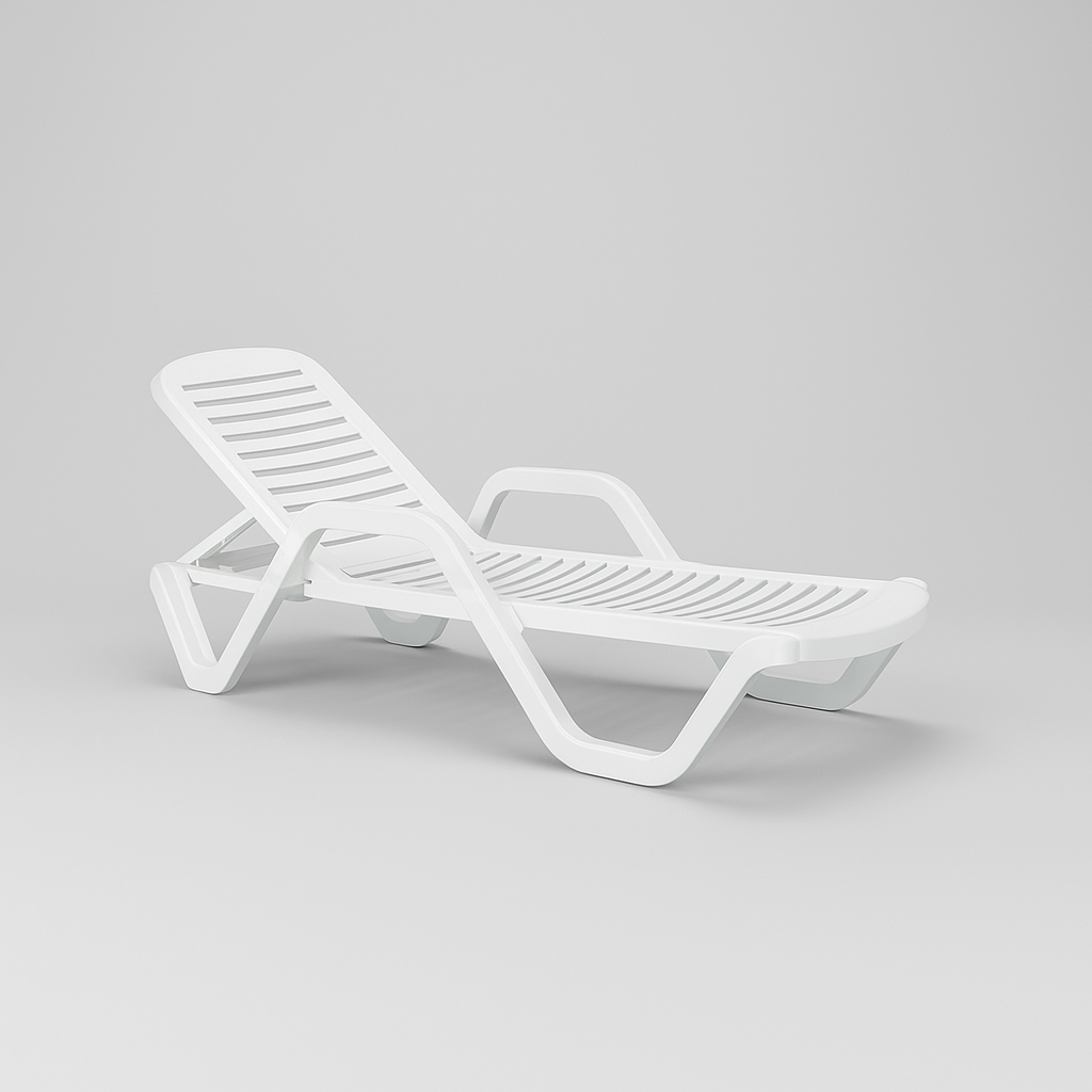 White, plastic Marcolo sun lounger with armrests.