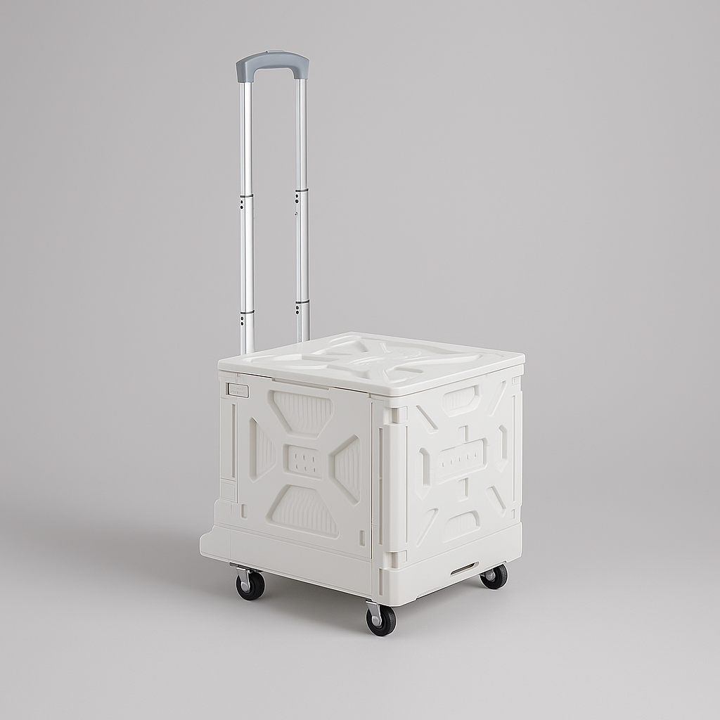 Marcolo white foldable utility cart with telescoping handle.