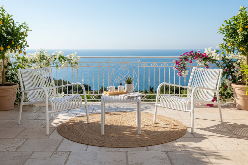 Marcolo Linea White Bistro Set on a Scenic Mediterranean Terrace
