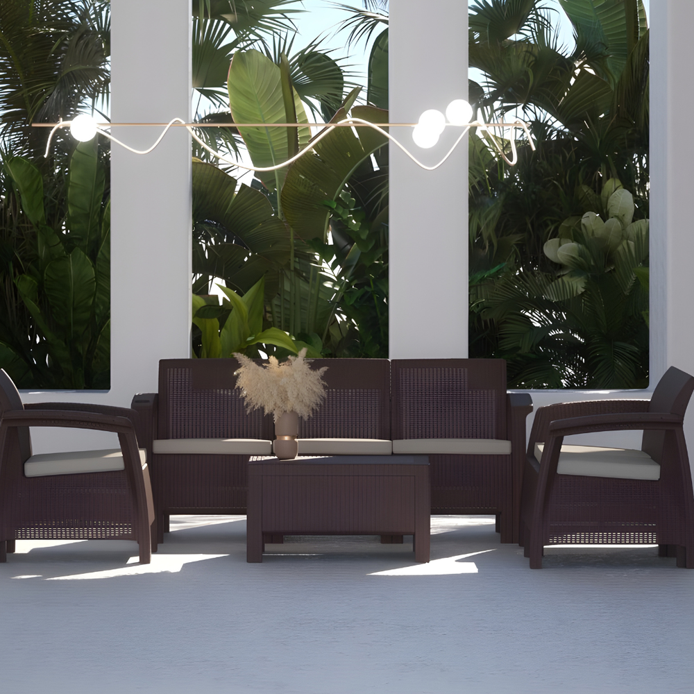 Marcolo Havana 5-seat brown wicker sofa set in a poolside lounge.