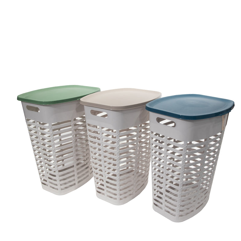 Marcolo 3 white laundry hampers with colored lids.