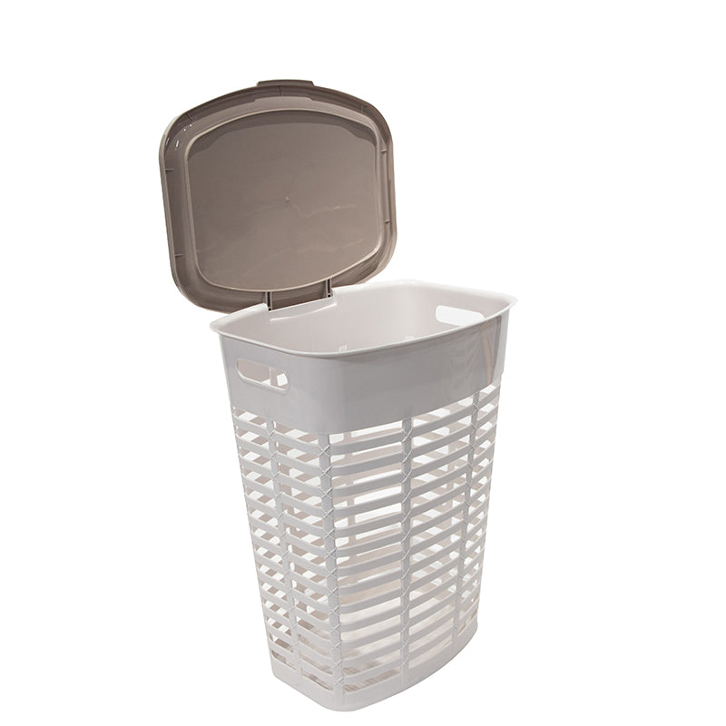 Marcolo white plastic laundry basket with open gray lid.