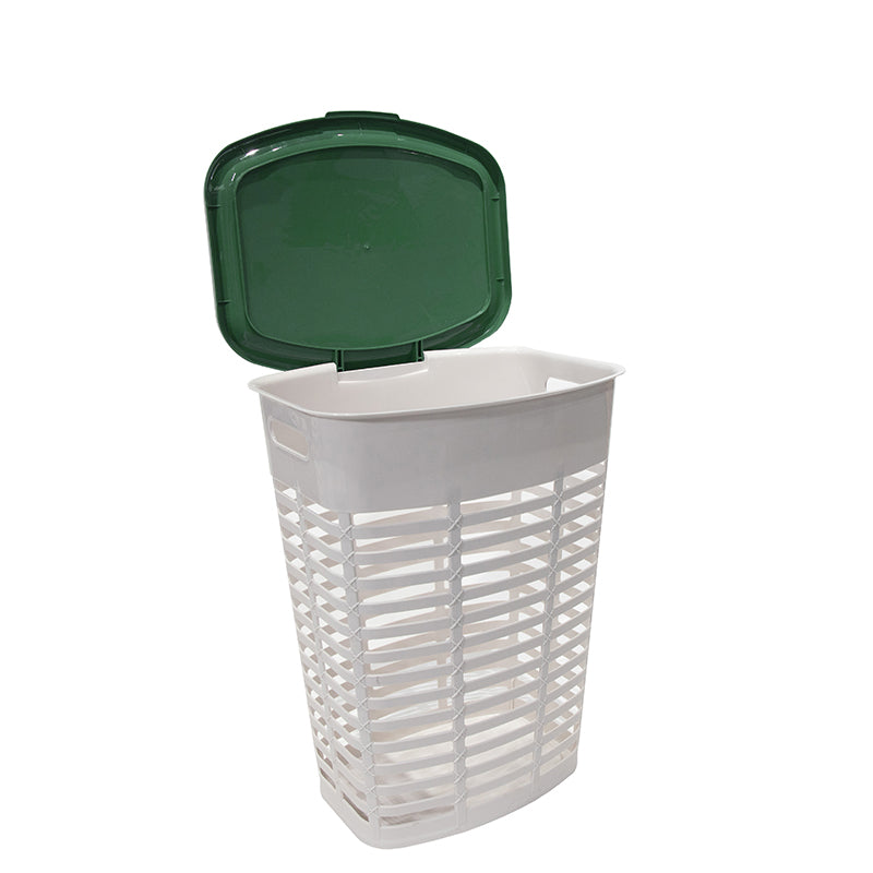 Marcolo tall white plastic hamper with a green flip lid.