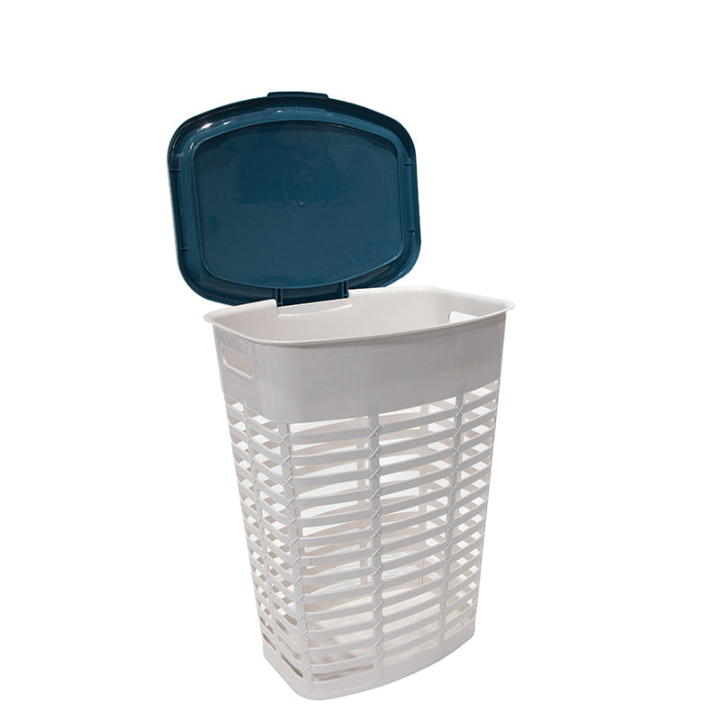 Marcolo white laundry hamper with blue lid open.
