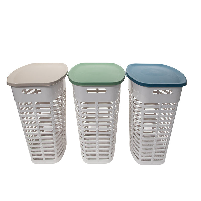 Three Marcolo white laundry hampers with different colored lids.
