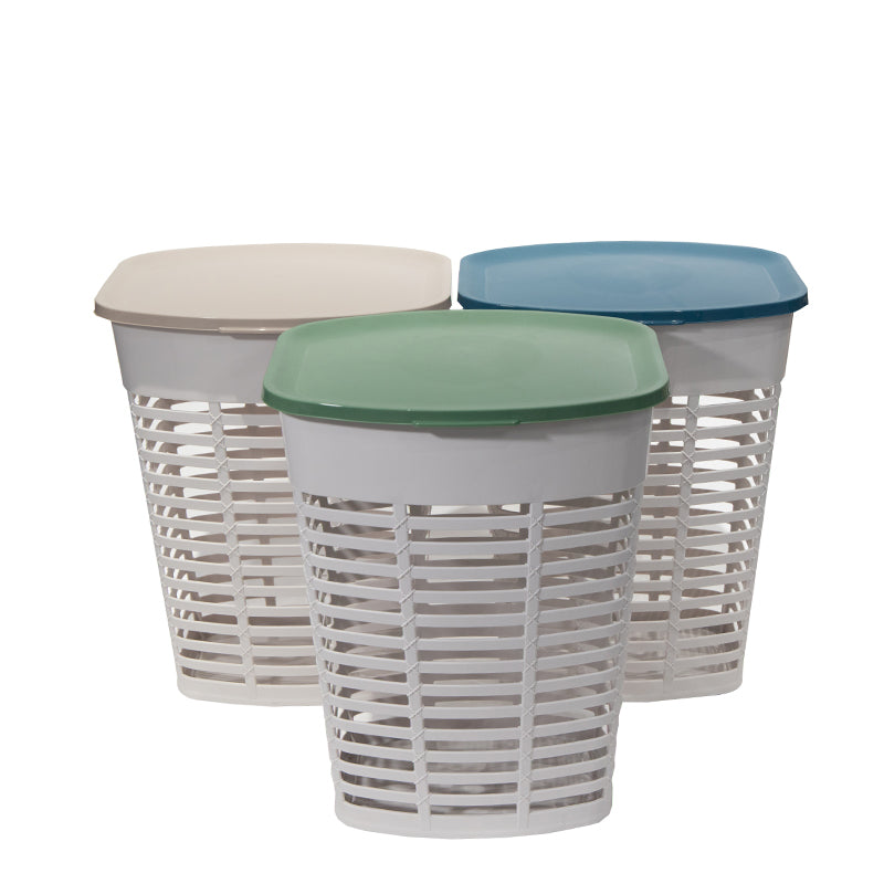 Marcolo set of three ventilated laundry hampers with lids.