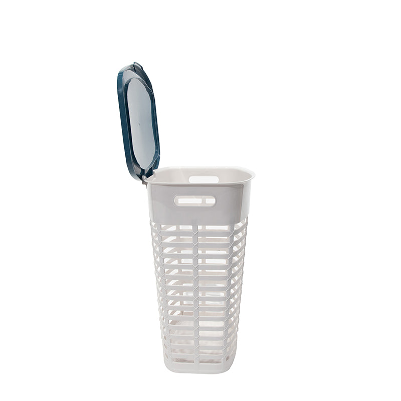 Marcolo tall white laundry hamper with a flip-up blue lid.