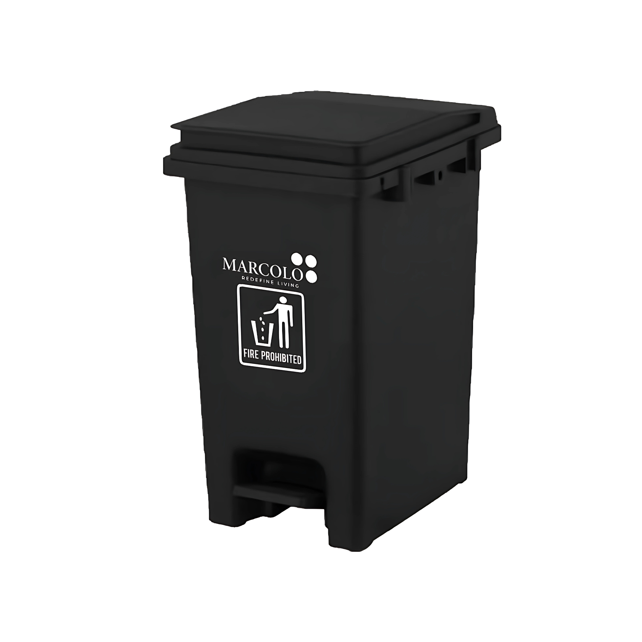 Marcolo black plastic trash can with foot pedal and lid.