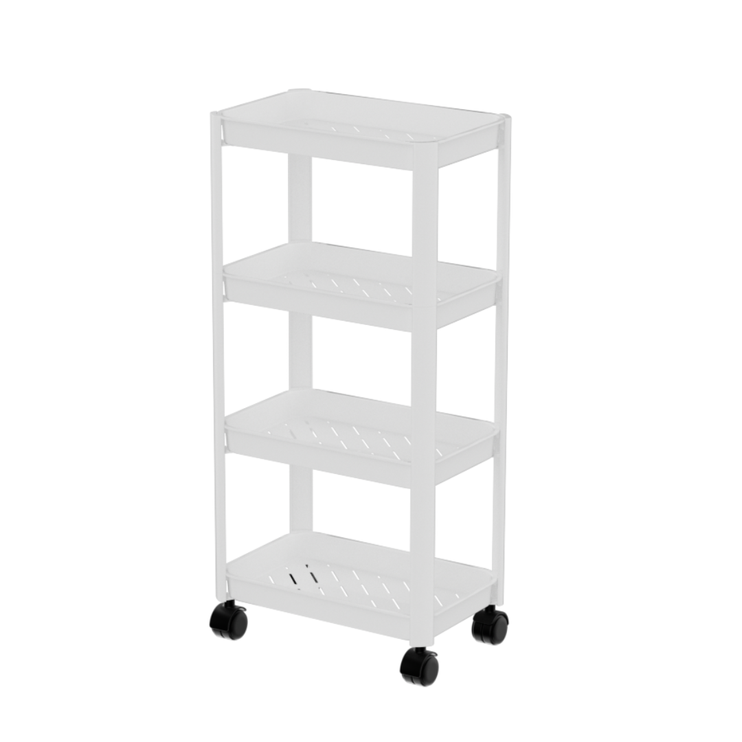 A tall, four-tier, white Marcolo storage shelf on wheels.