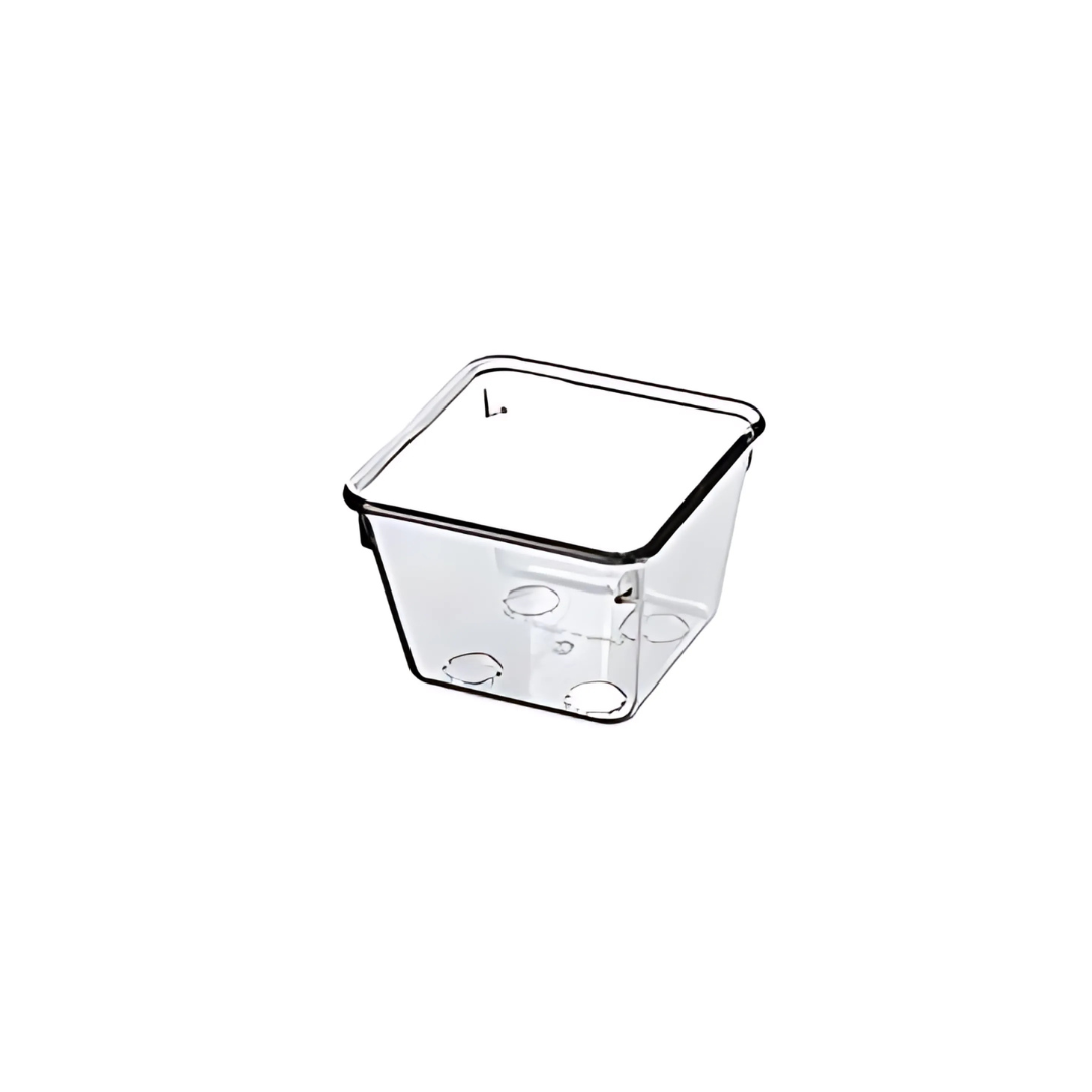 A clear plastic, square Marcolo storage container or caddy.