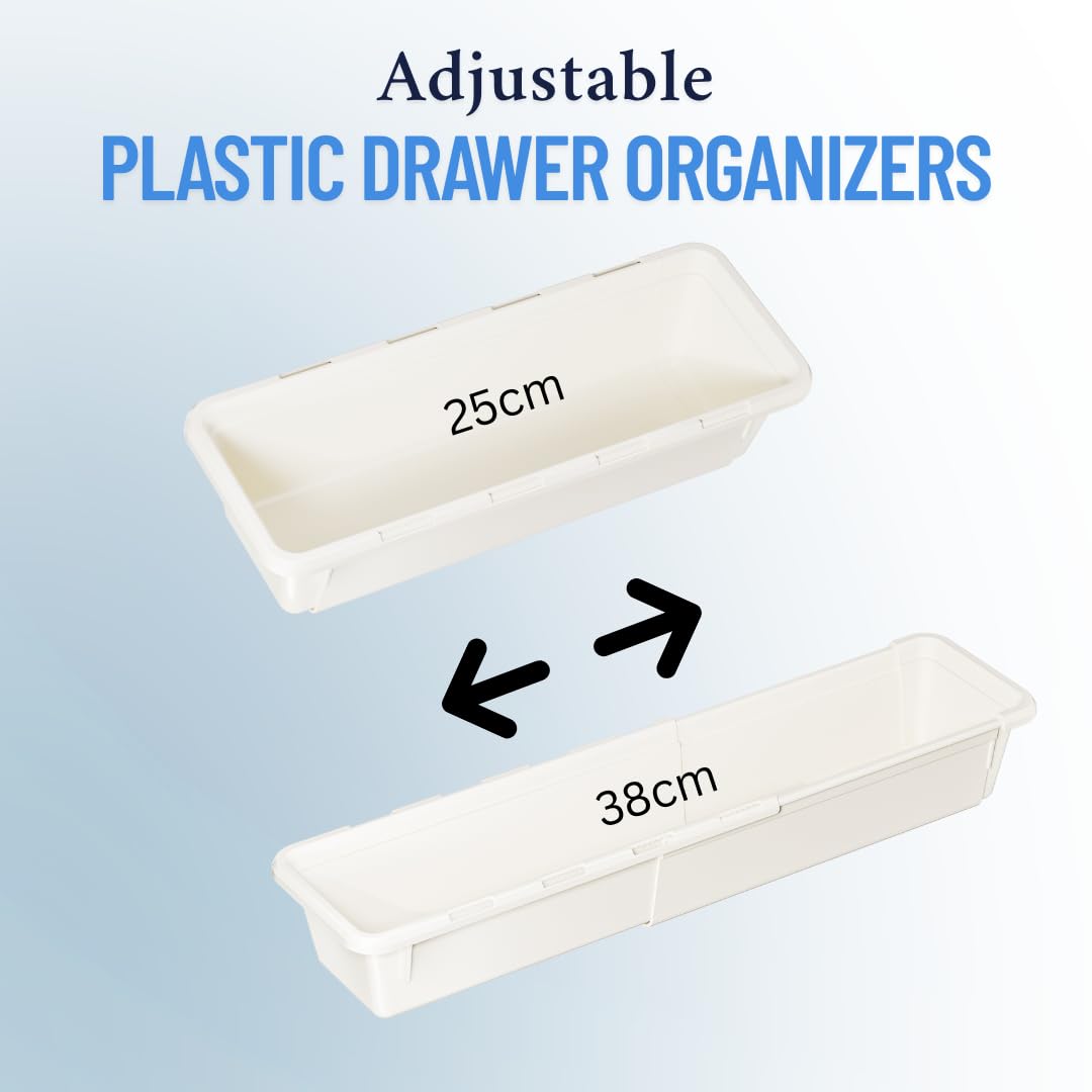 Marcolo adjustable plastic drawer organizer shown from 25cm to 38cm in length.