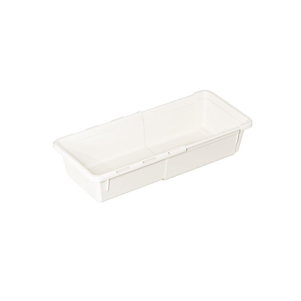 A white, plastic, rectangular Marcolo drawer insert.