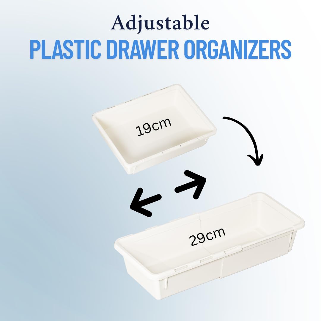 Adjustable plastic drawer organizer shown at 19cm and 29cm.