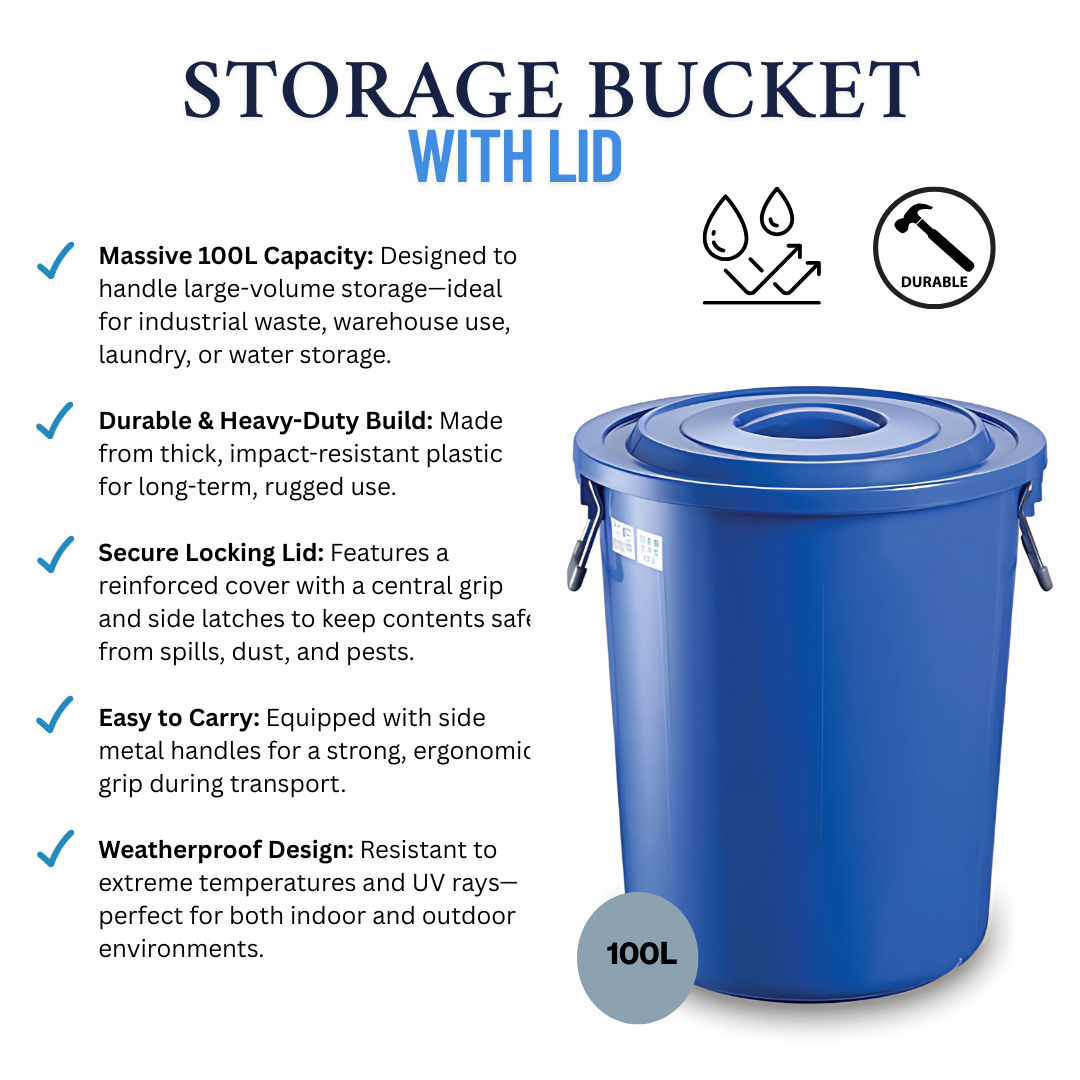 Marcolo 100L blue storage bucket with lid and features.