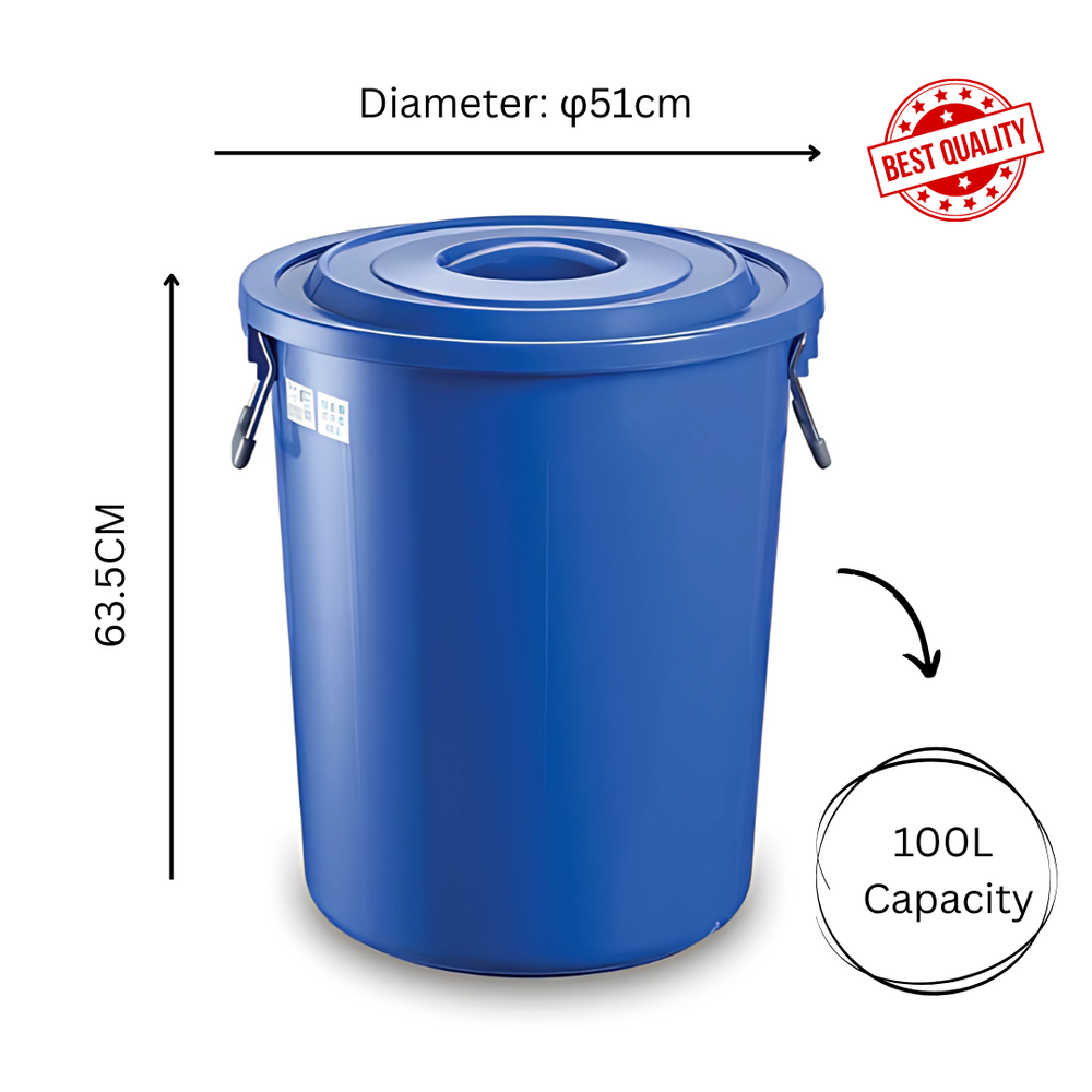 Blue Marcolo 100L plastic drum with lid and dimensions.