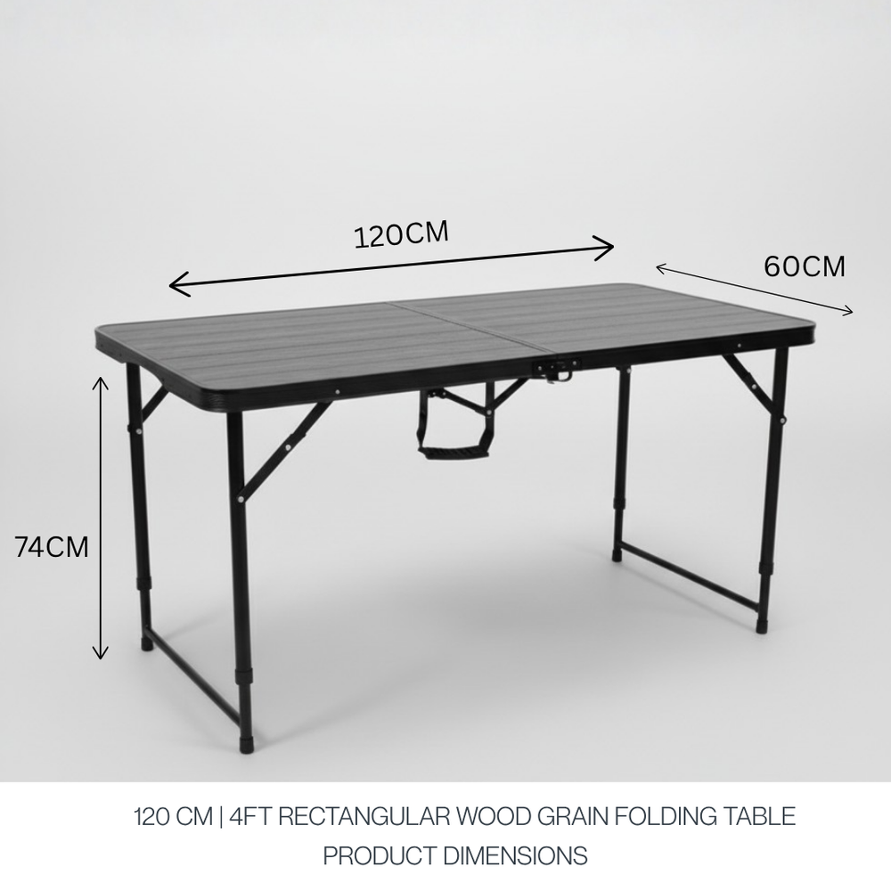 Marcolo 4ft Black Woodgrain Folding Table with Dimensions Diagram