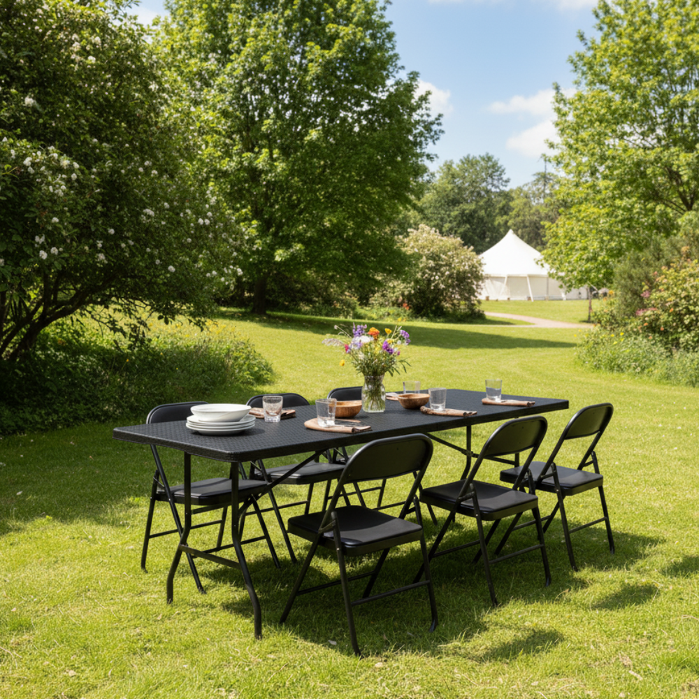 Marcolo 6ft Black Rattan Folding Table with Chairs in Garden Setting