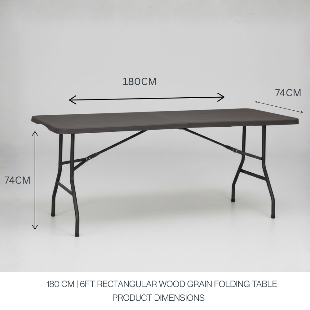 Marcolo 6ft Black Woodgrain Folding Table with Dimensions Diagram