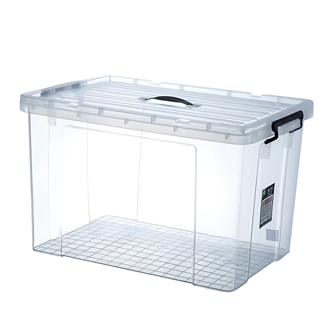 Marcolo large clear storage box with black handle and lid.
