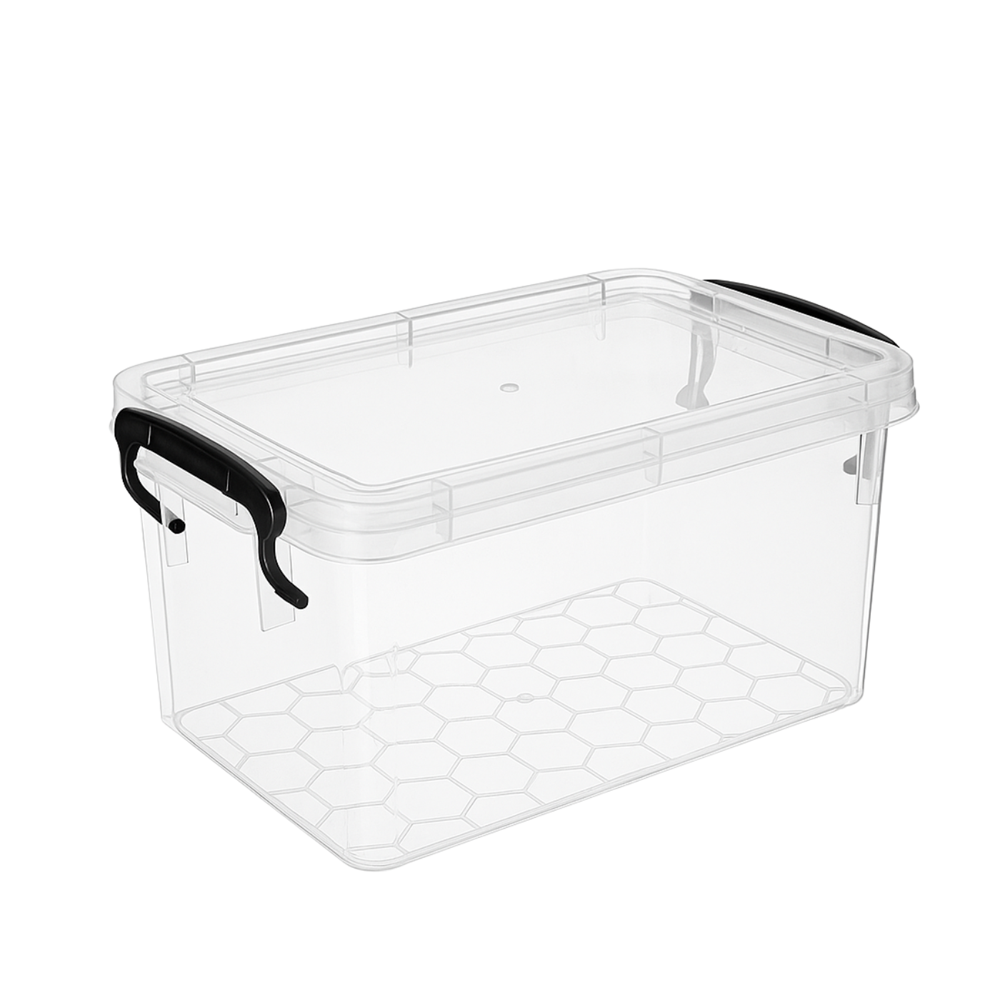 Marcolo clear plastic storage box with black latches.