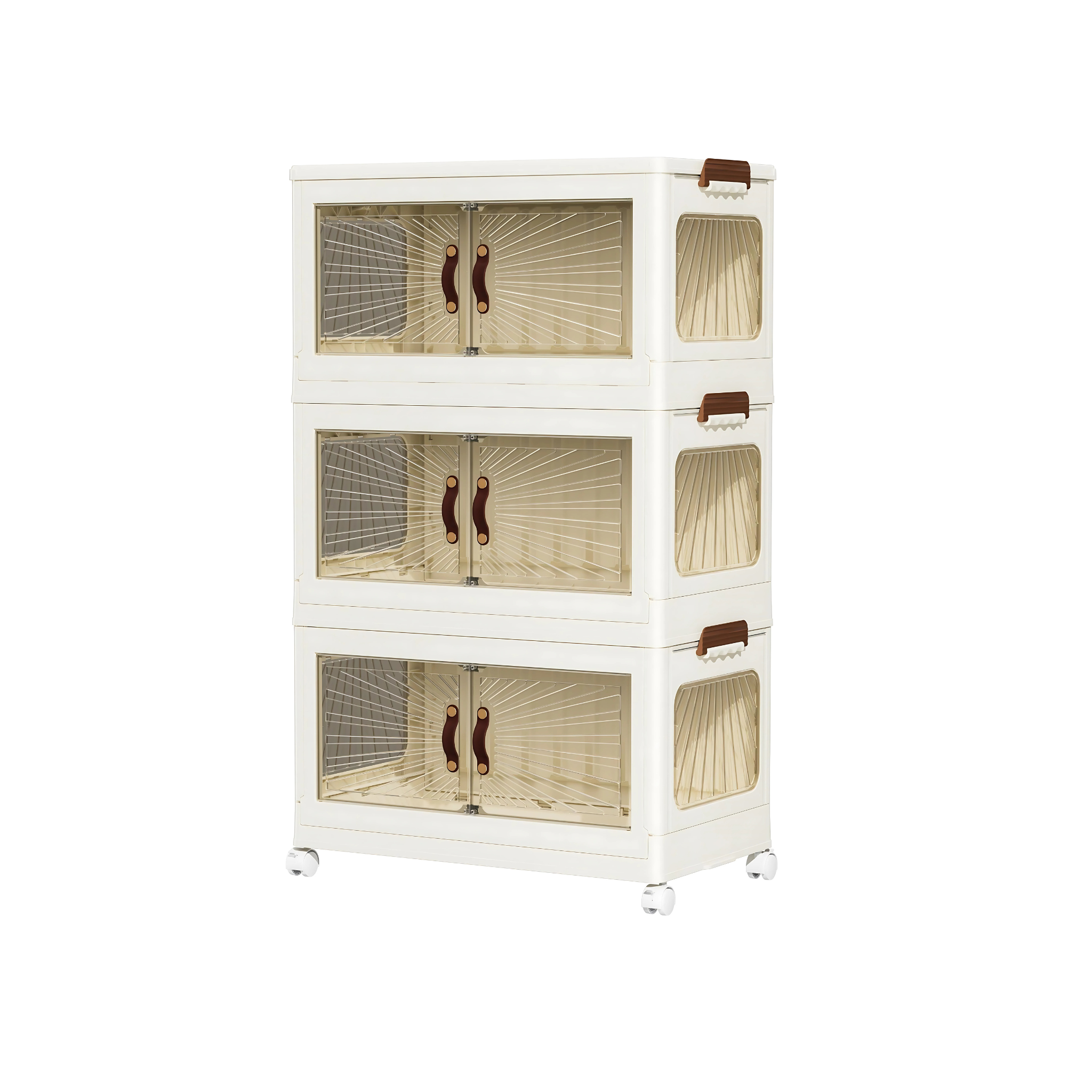 Marcolo 3-tier plastic folding storage cabinet on wheels.