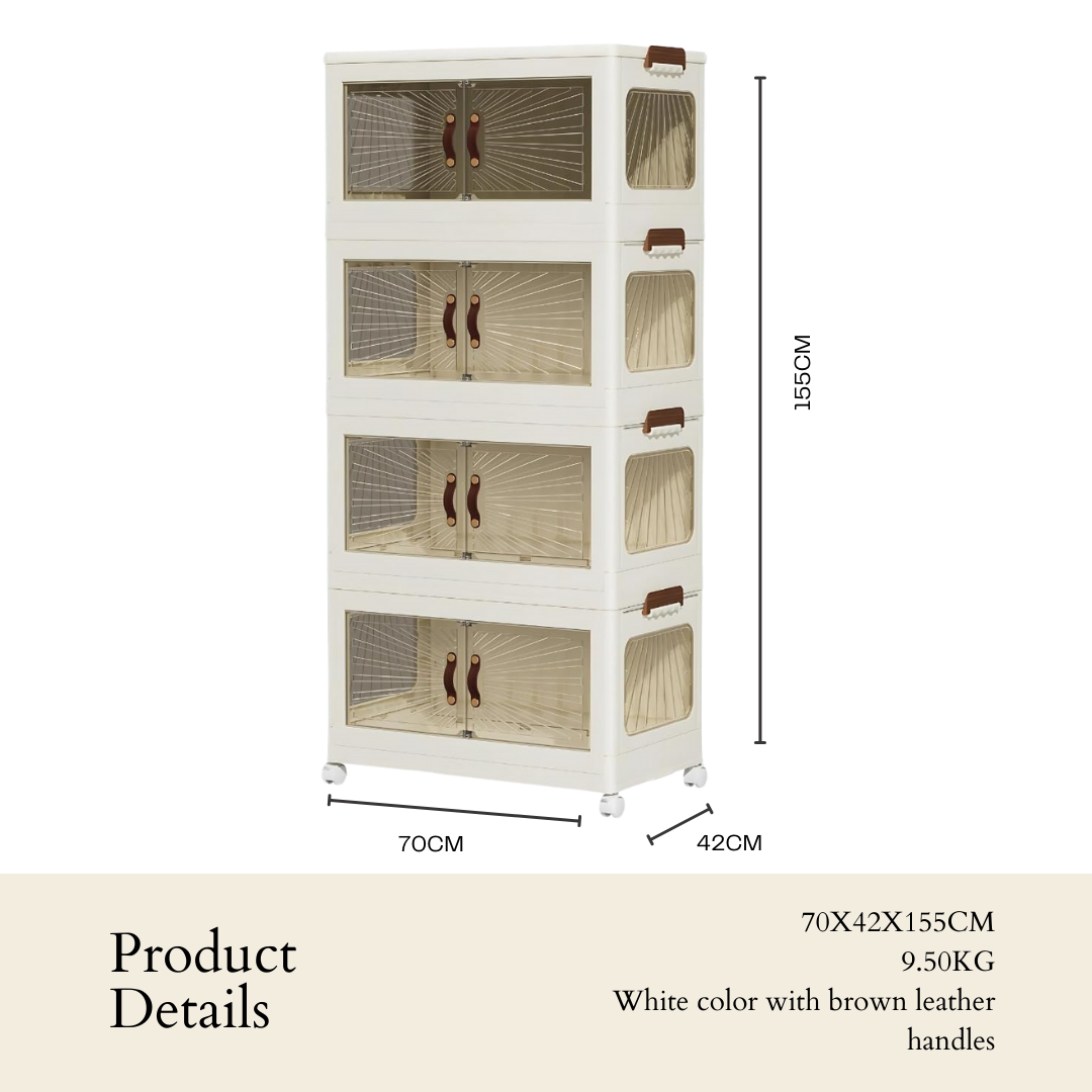A white, four-tier Marcolo cabinet with brown leather handles.