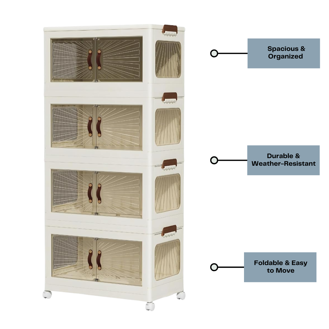 Marcolo 4-tier foldable storage cabinet with features listed.