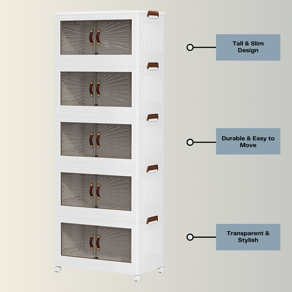 A white, five-tier Marcolo storage cabinet with features.
