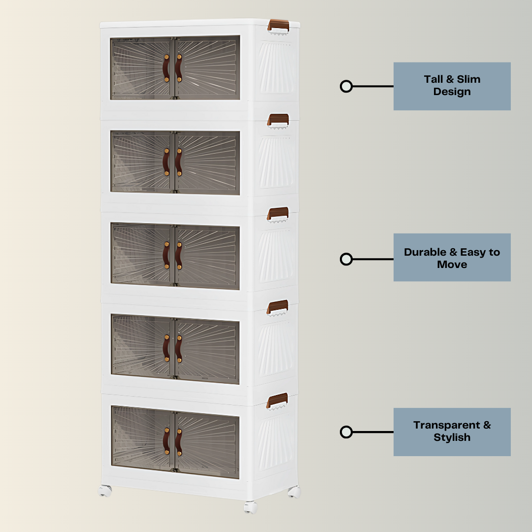 A white, five-tier Marcolo storage cabinet with features.
