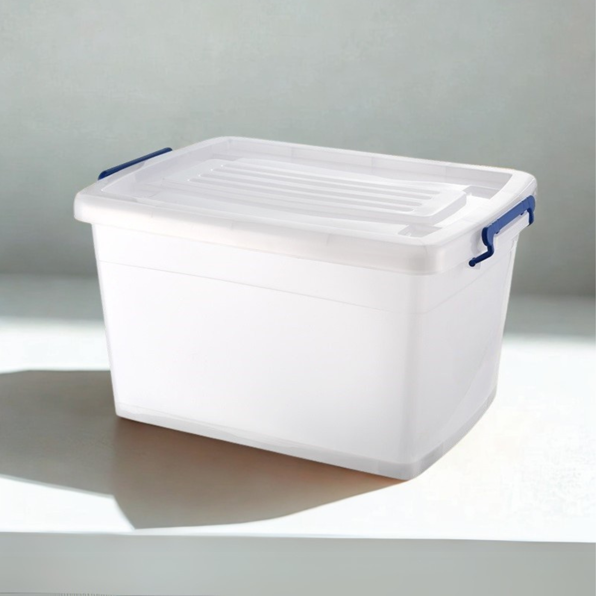 White plastic storage bin with a ridged lid and blue clips.