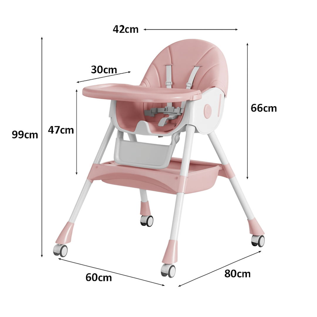 Pink Marcolo high chair with tray, wheels, and dimensions.