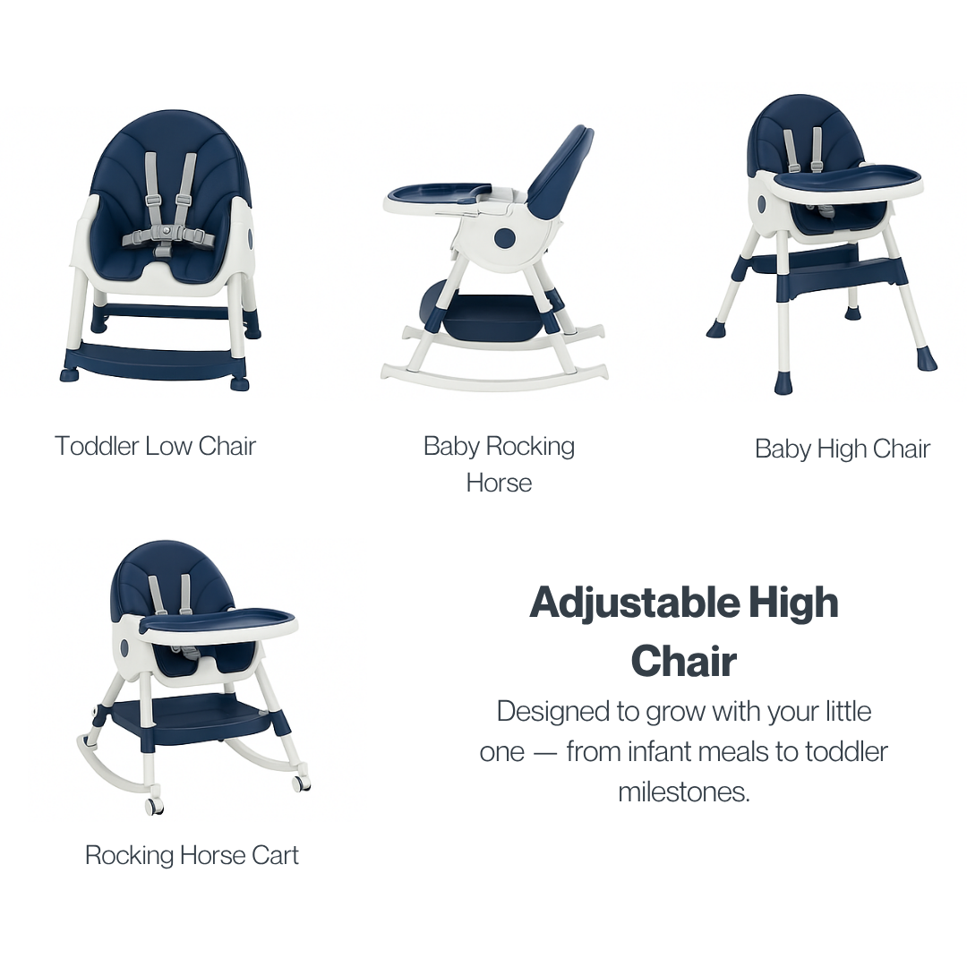 Marcolo 5-in-1 navy and white adjustable high chair modes.