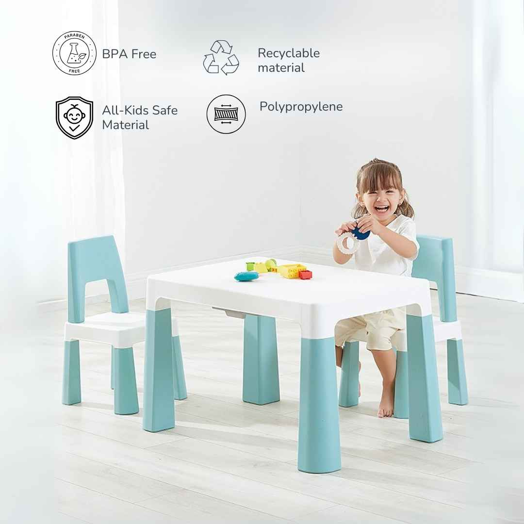 Marcolo blue and white plastic kids table and chair set with a toddler playing.