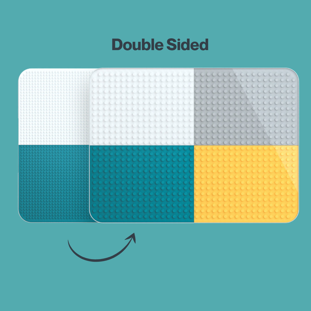 Double-sided plastic mat swatch in white, gray, and teal.