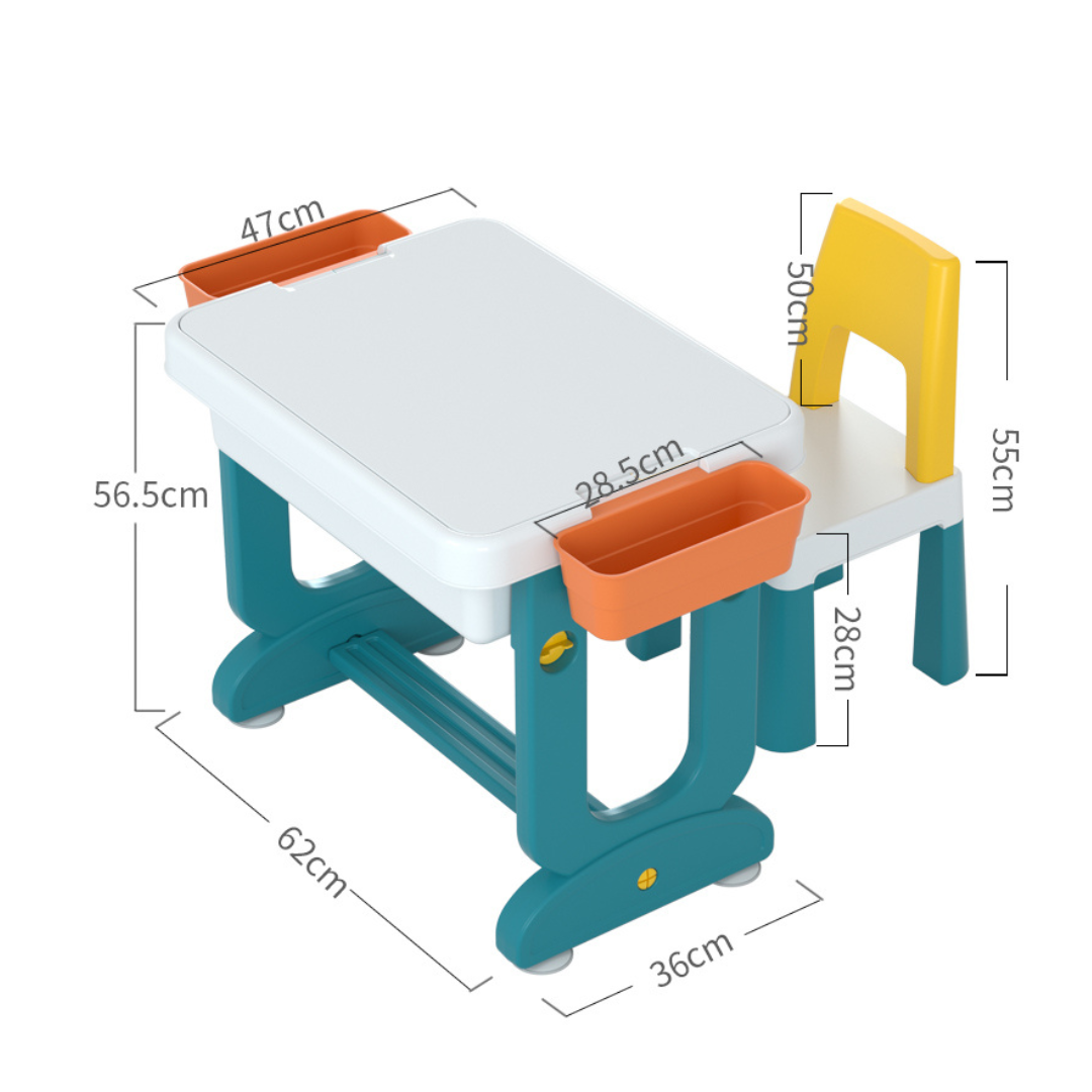 Marcolo child's plastic desk and chair set with dimensions.